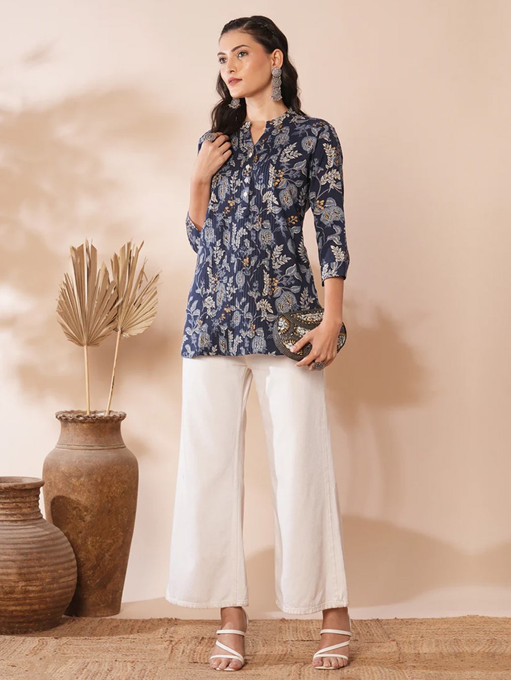 Blue Shirt with Floral Leaf Print