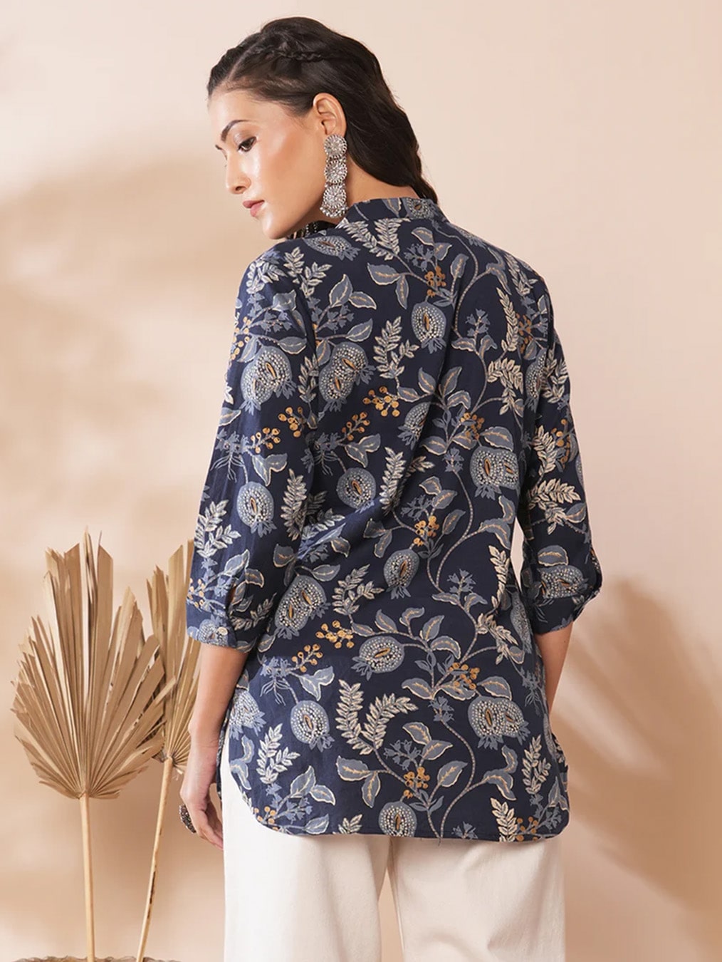 Blue Shirt with Floral Leaf Print