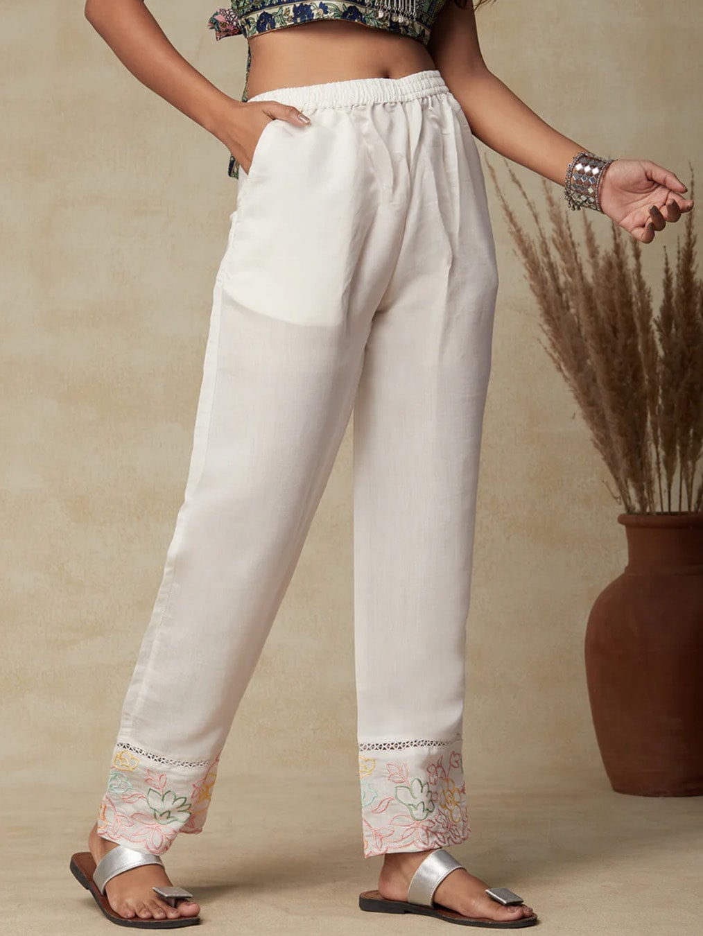 White Lace Embroidered Pants