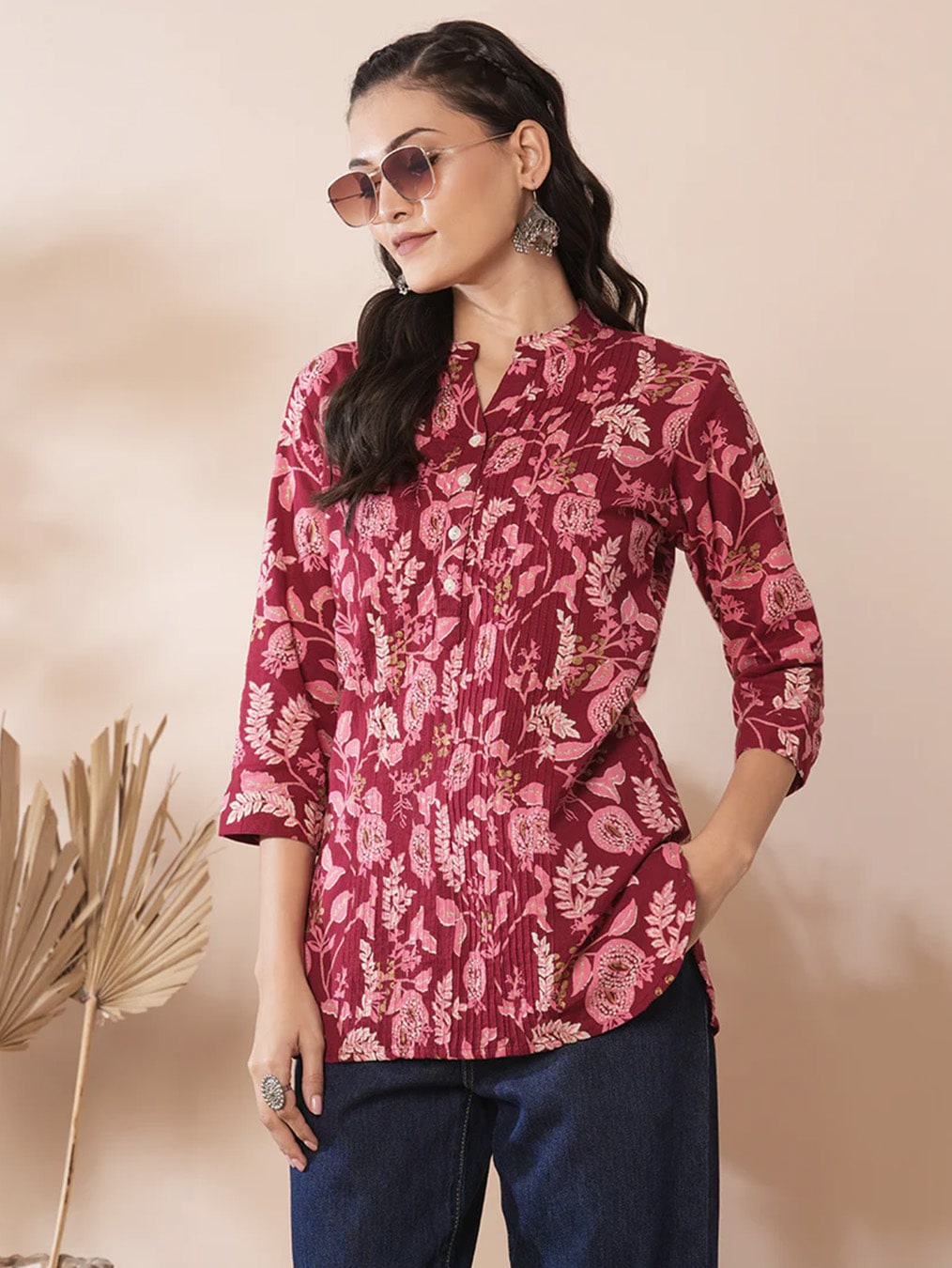 Red Shirt with Floral Leaf Print