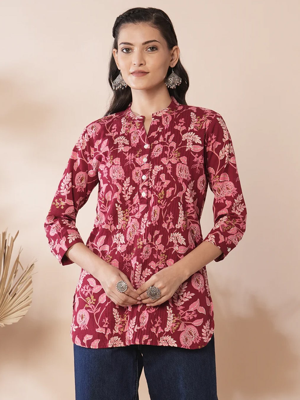 Red Shirt with Floral Leaf Print