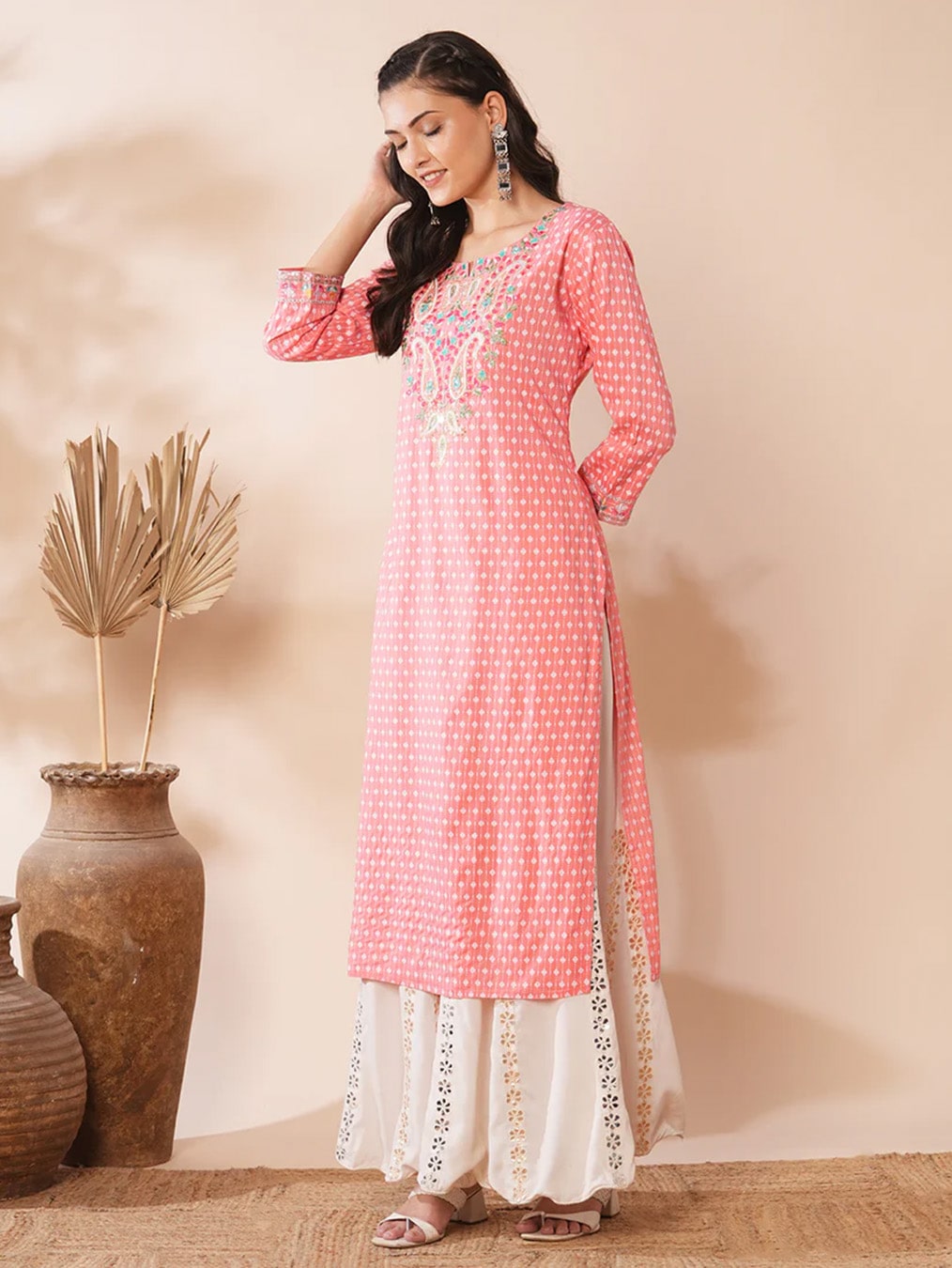 Peach Motif Ethnic Floral Dress