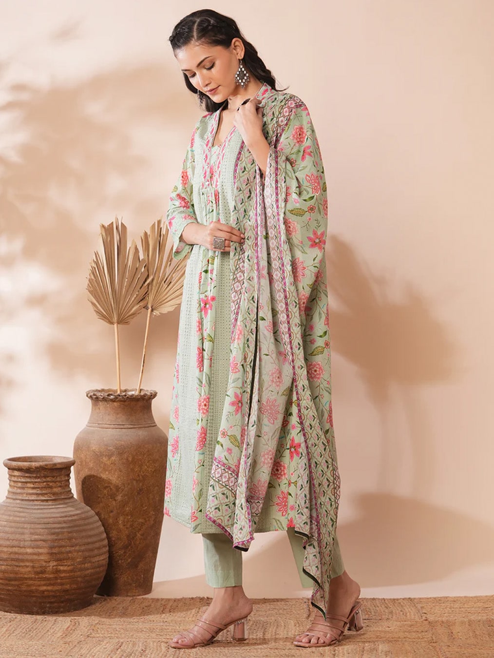 Green Floral Print Ethnic Costume