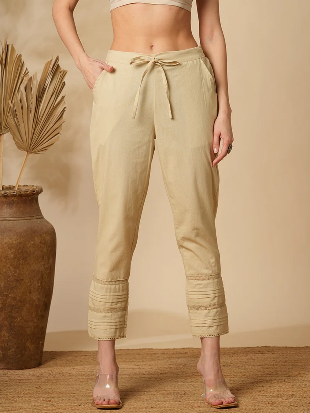 Beige Cotton Linen Straight Pants